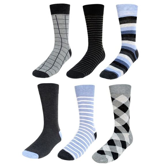 Mens Argyle & Striped Print 6-Pack Blue Black Gray Crew Socks - Picture 2 of 5